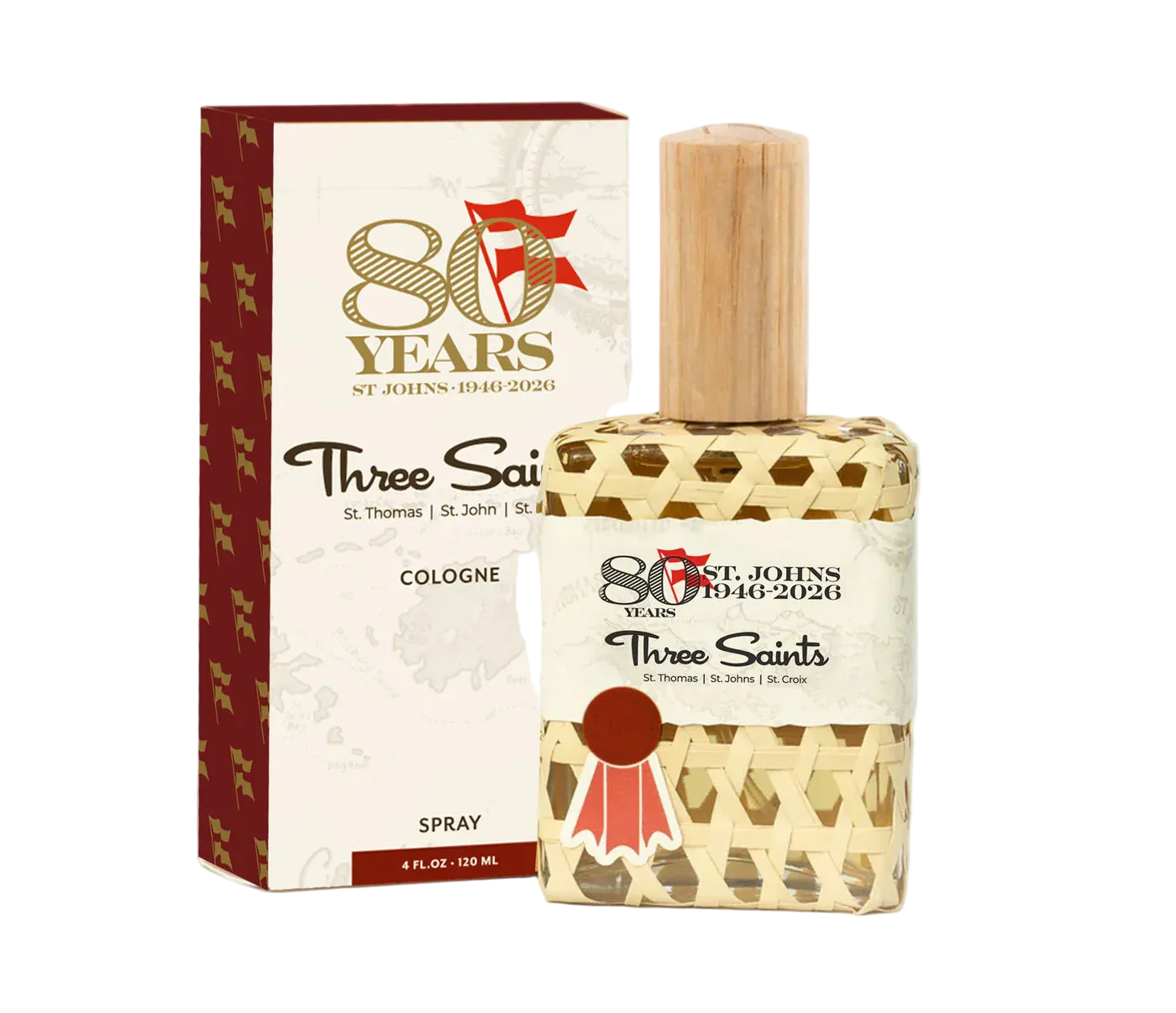Perfume bottle and packaging of 'Three Saints' cologne by St. John's on a white background