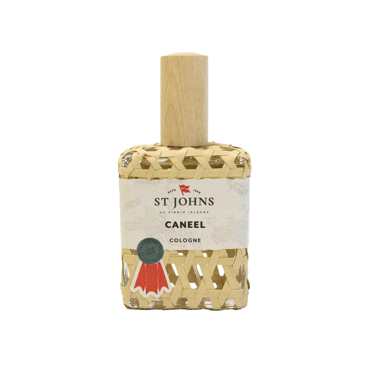 Bottle of St. Johns Caneel Cologne with a woven design and wooden cap on a white background