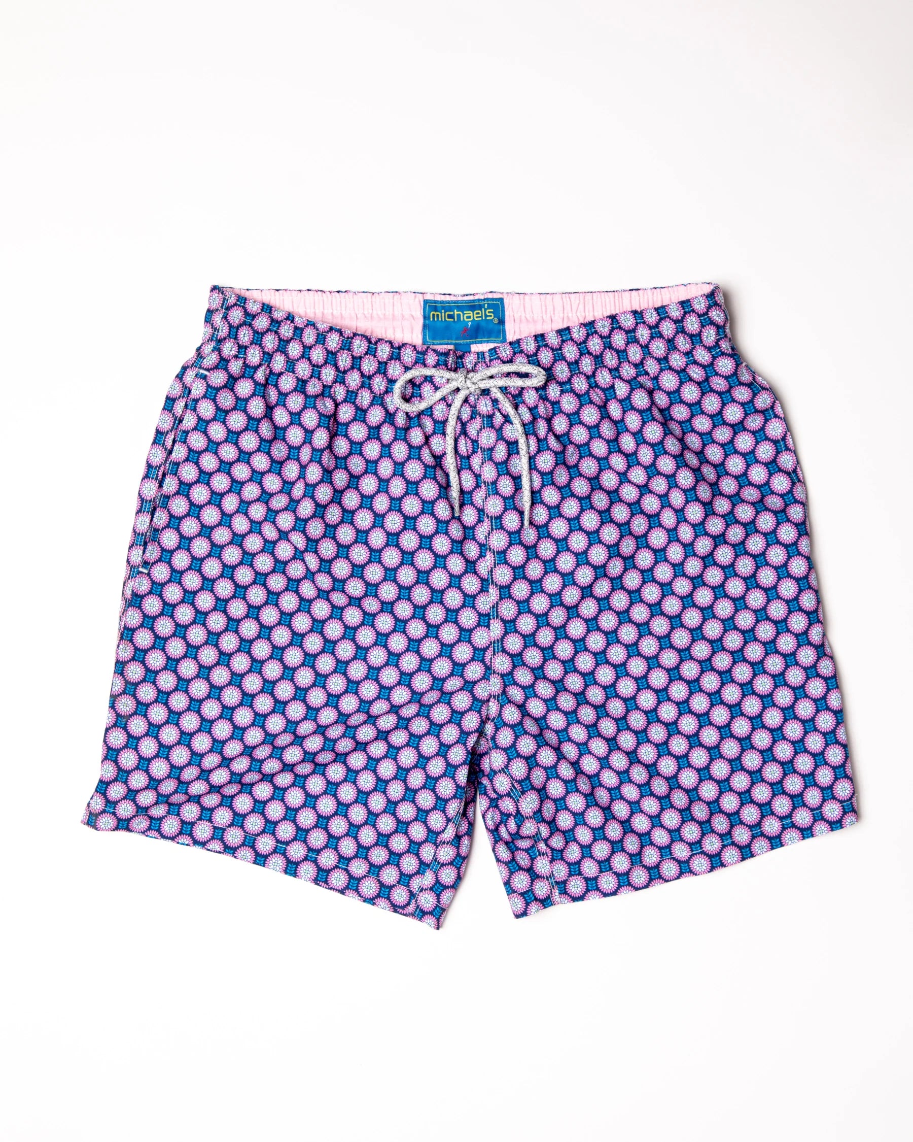Retro Flowers Navy Swim Trunks