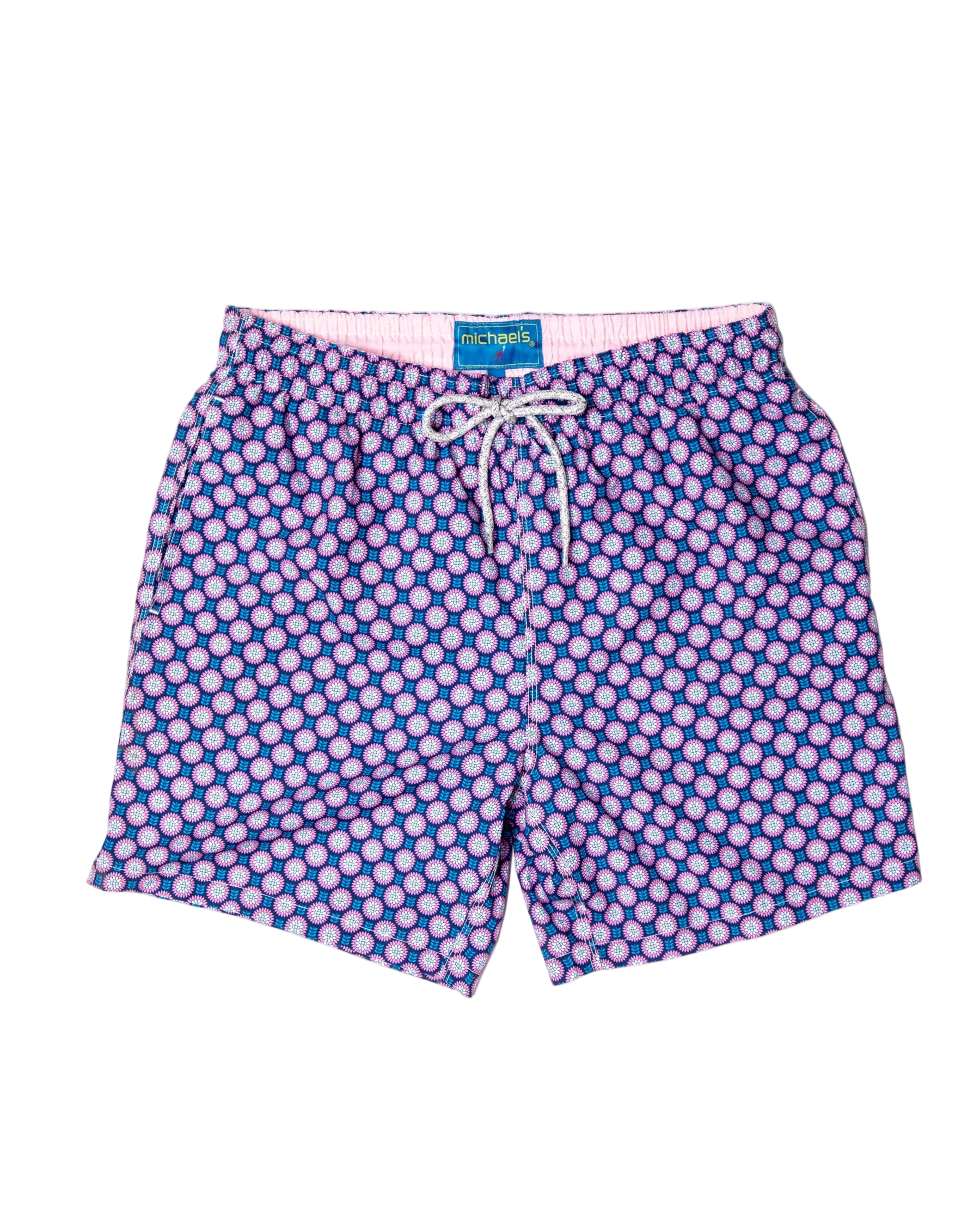 Retro Flowers Navy Swim Trunks