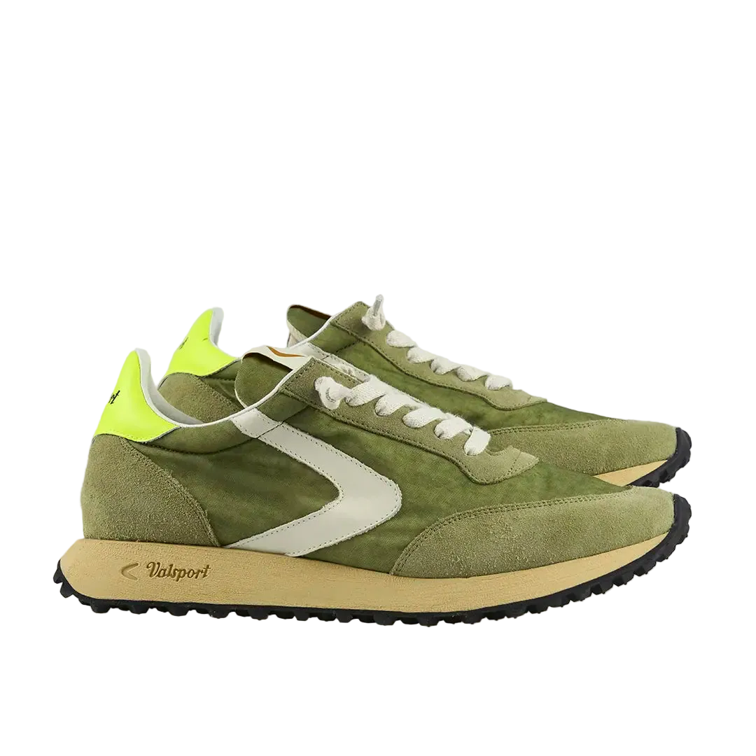 olive Green and beige sneakers with white laces on a light gray background