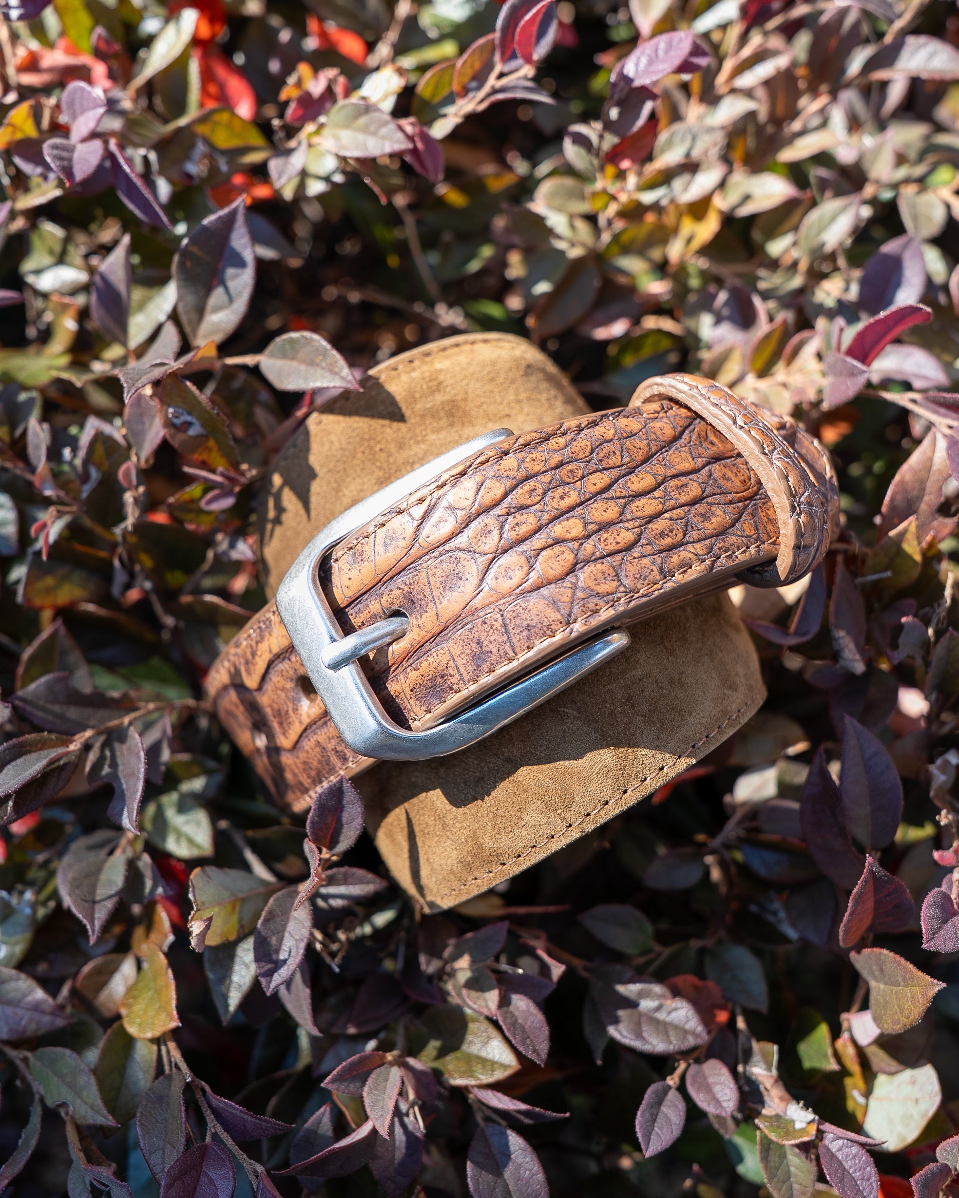 Snuff Suede Belt with Sueded Croc Tabs