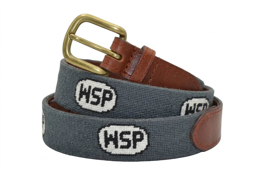 Gray wide spread panic belt with brown leather strap and gold buckle on a white background