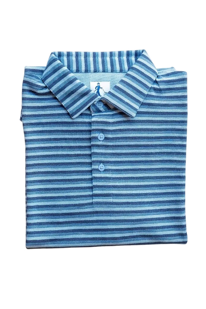 Folded blue and white striped polo shirt on a white background