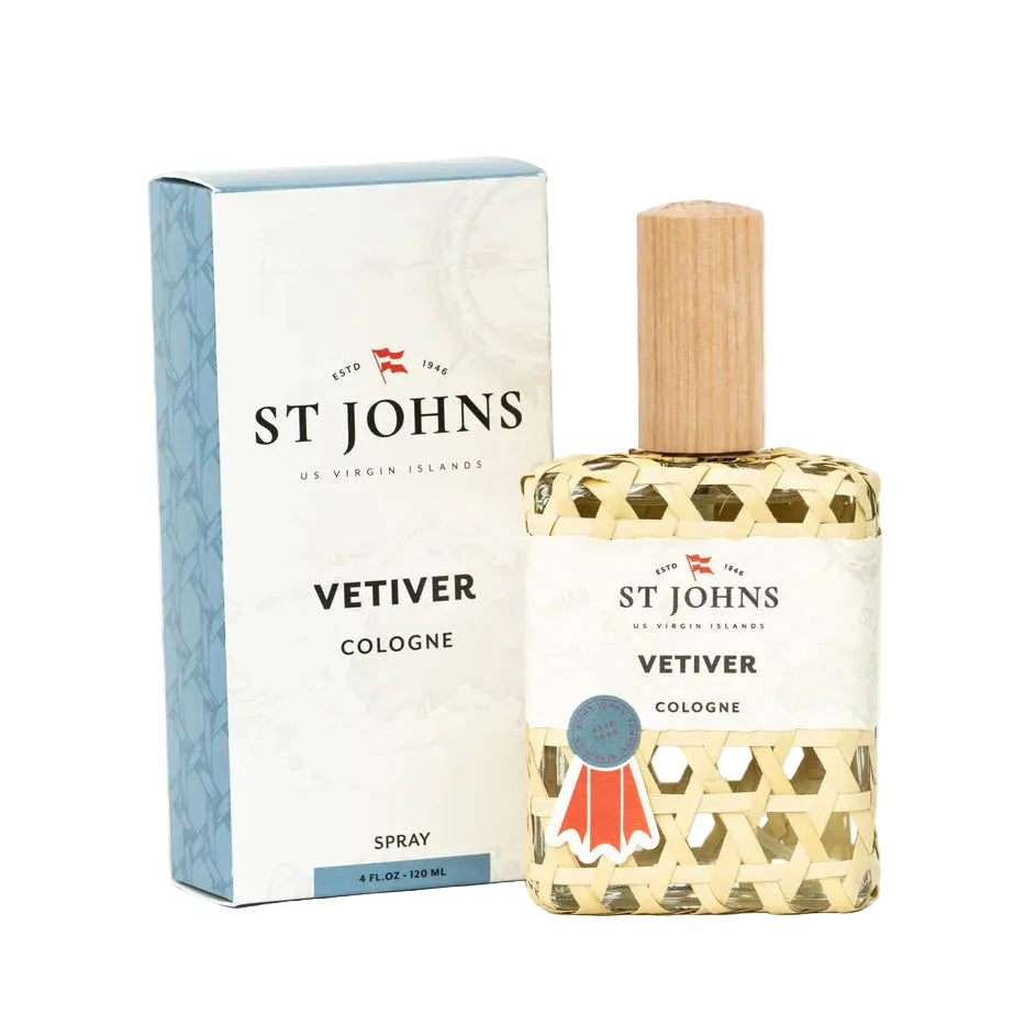 St. Johns Vetiver cologne bottle and packaging on a white background