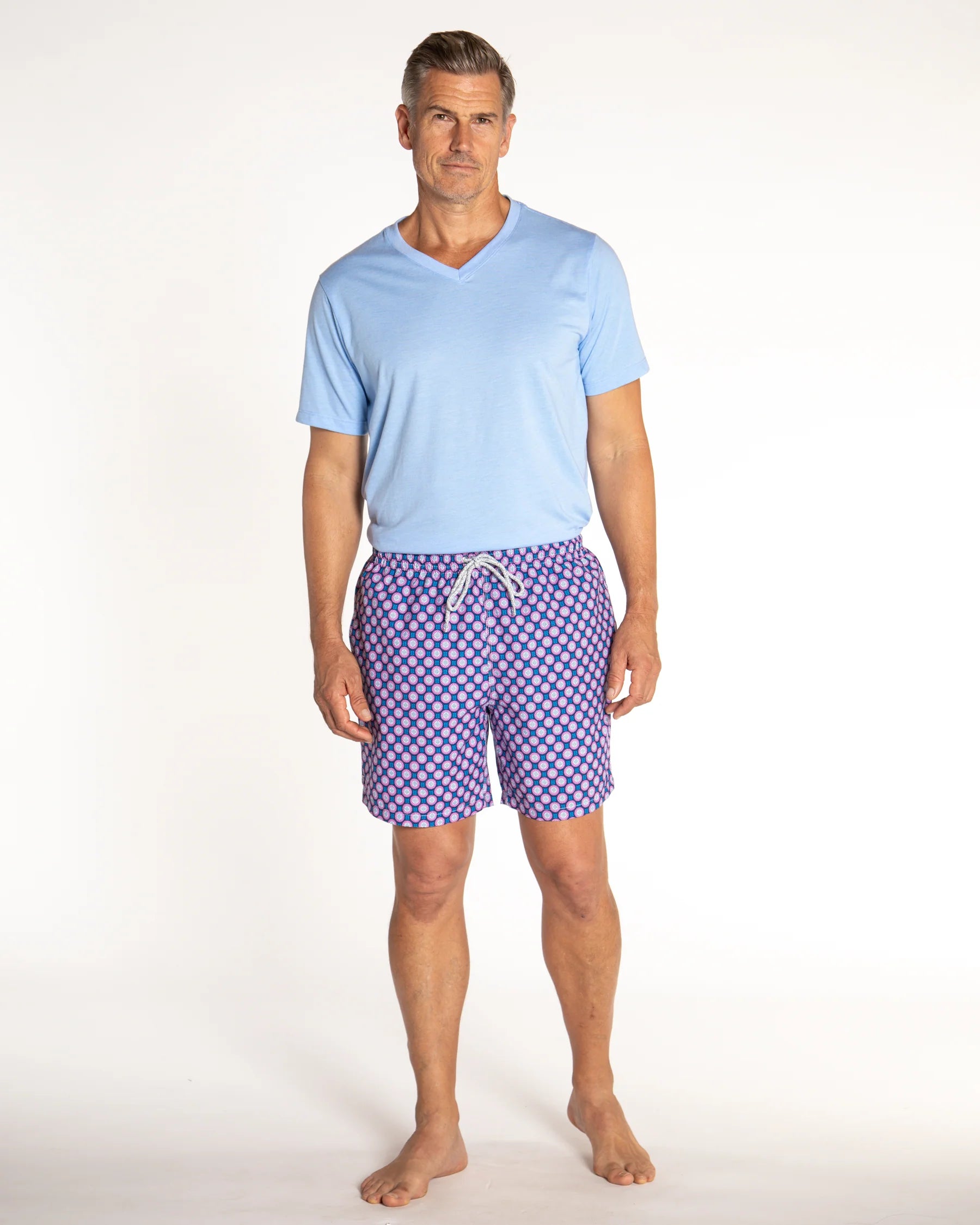 Retro Flowers Navy Swim Trunks