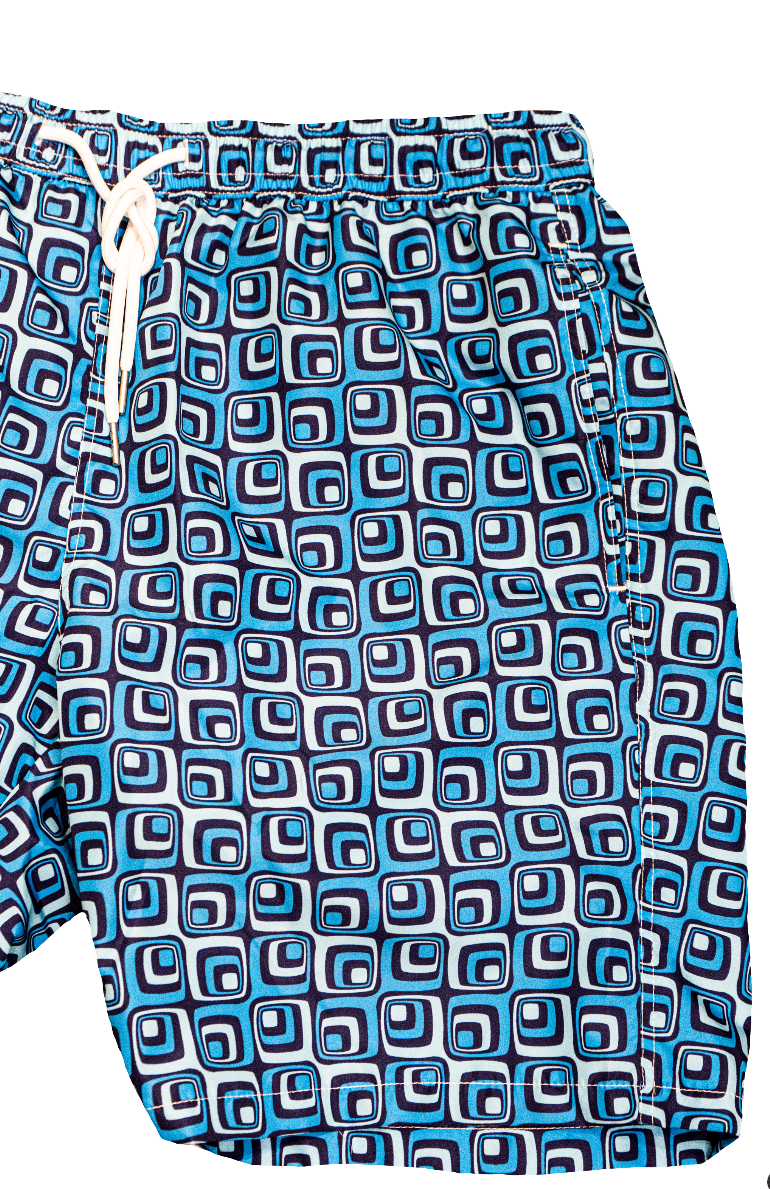 Blue Geometric Print Tiki Napoli Swim Trunks